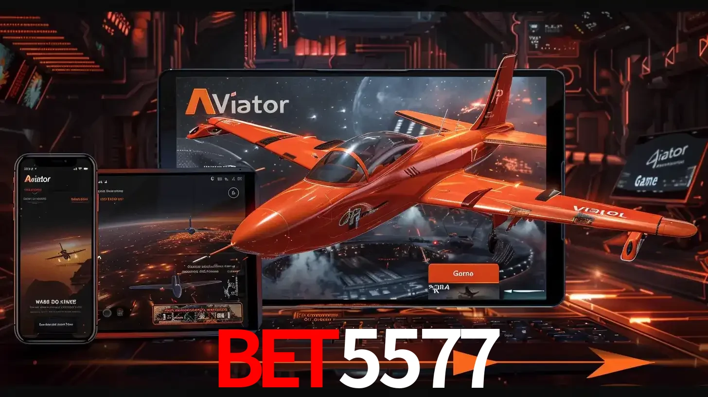 Apresentação tecnológica do jogo Aviator com um avião saindo da tela de um tablet, demonstrando a experiência imersiva em múltiplos dispositivos no BET5577.