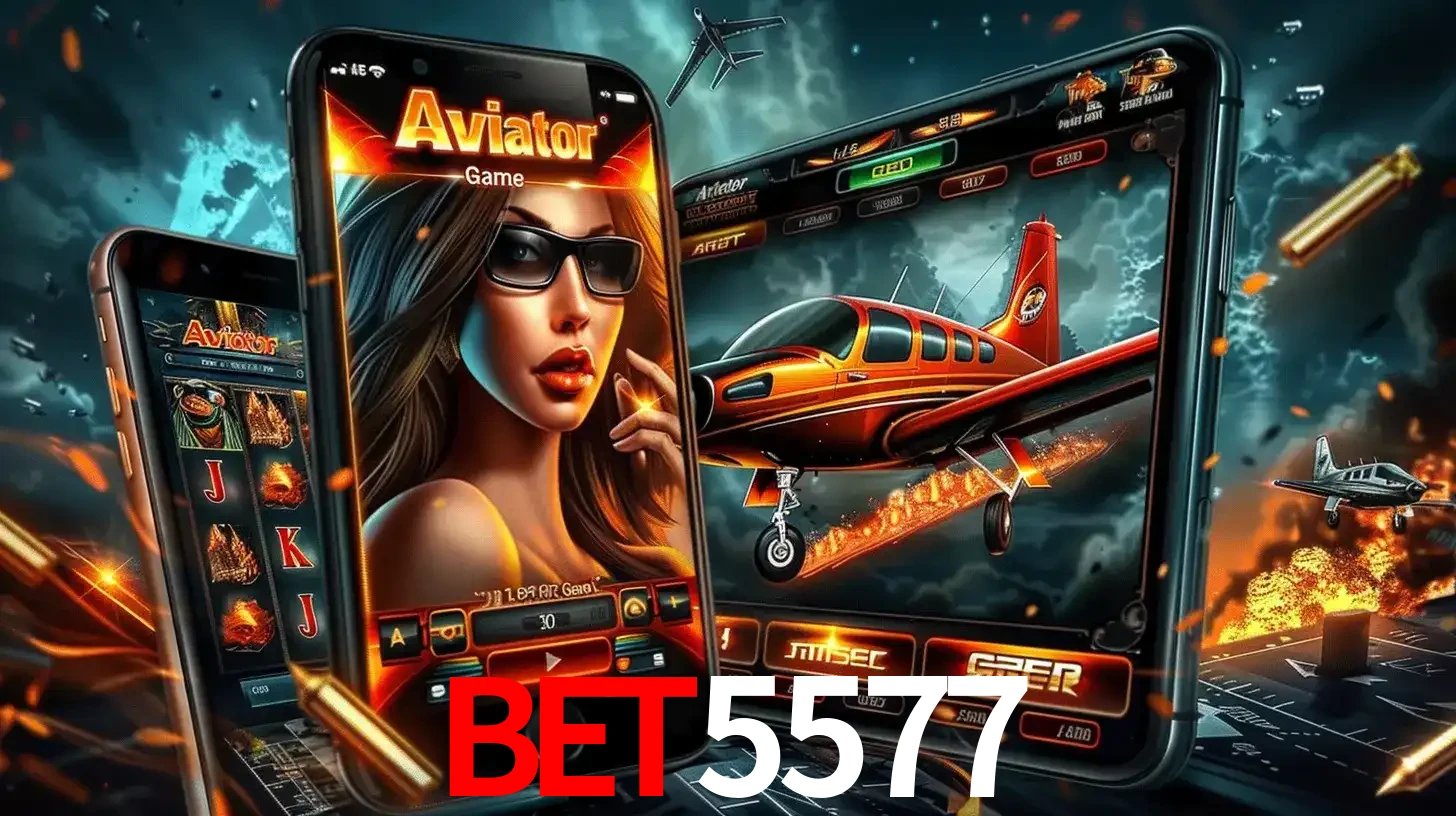 O popular jogo de apostas Aviator exibido em vários celulares e tablets, mostrando a interface emocionante e a ação de voo disponíveis para jogar agora no BET5577.