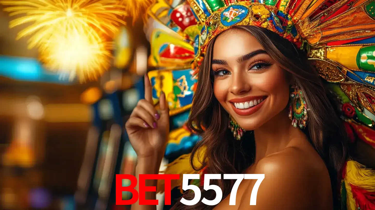 Mulher sorridente com um cocar de carnaval vibrante e colorido, celebrando uma grande vitória nos jogos do cassino BET5577 com fogos de artifício ao fundo.