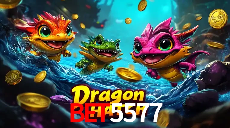 Arte promocional do jogo Dragon Hatch com três adoráveis dragões bebês nadando entre moedas de ouro, um dos slots mais divertidos para jogar no cassino BET5577.