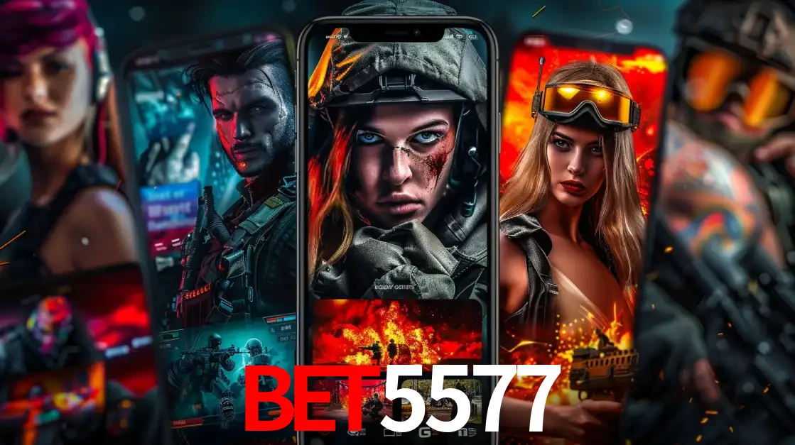 Montagem de telas de celular mostrando diversos personagens, masculinos e femininos, de um jogo de tiro, ilustrando a diversidade de equipes de e-sports para apostar no BET5577.