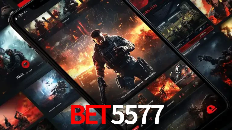 Tela de um celular exibindo uma galeria de jogos de tiro com temática militar, mostrando a variedade de e-sports disponíveis para apostas na plataforma de entretenimento BET5577.