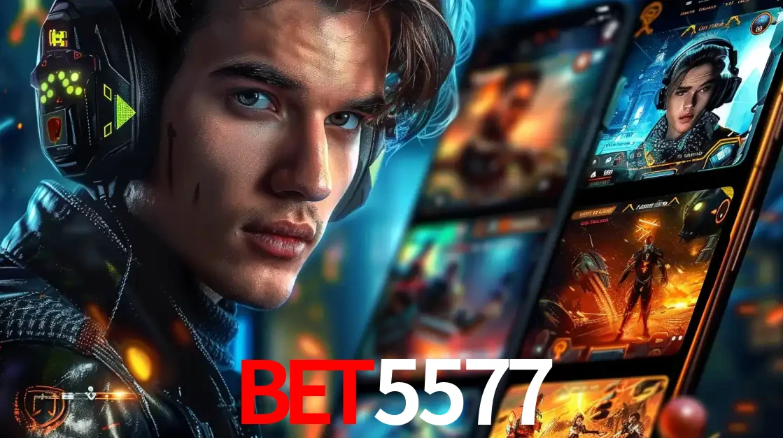 Jovem jogador com fones de ouvido olhando para a câmera, com um aplicativo de jogos e e-sports para celular ao fundo, pronto para a competição e apostas no BET5577.