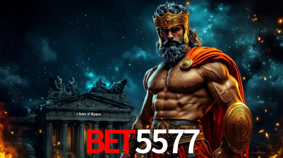 O poderoso Zeus do jogo de slot Gates of Olympus em frente ao seu templo, pronto para lançar multiplicadores divinos e prêmios épicos no cassino online BET5577.