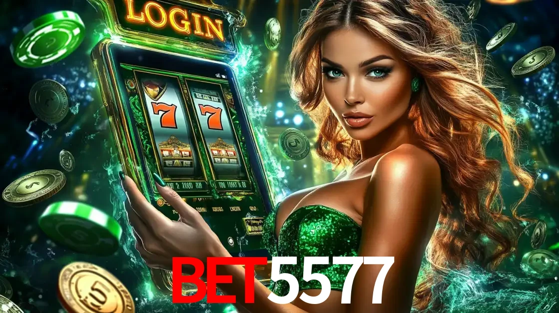 Mulher com tema verde apresentando o aplicativo do cassino BET5577 com um jogo de slot de 777, cercada por fichas de cassino e uma aura de sorte.