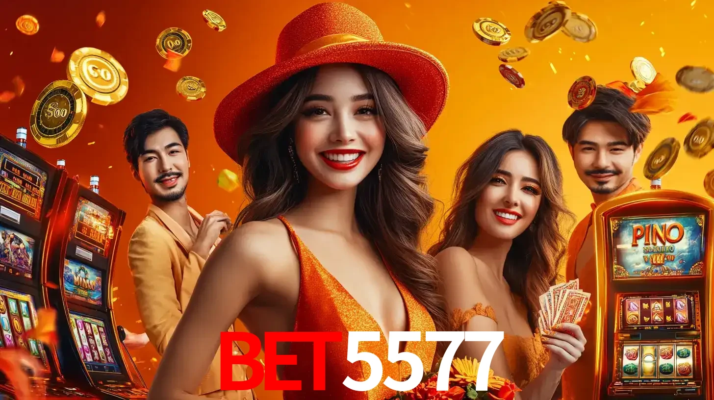 Grupo de amigos asiáticos sorrindo e se divertindo com máquinas de caça-níqueis em um ambiente festivo, celebrando suas vitórias nos jogos de cassino do BET5577.