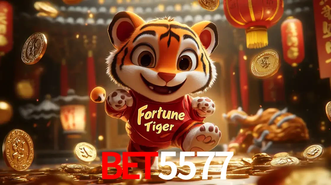 O alegre personagem do Fortune Tiger correndo sobre um caminho de moedas de ouro, simbolizando os grandes prêmios e a diversão do popular jogo de slot do BET5577.