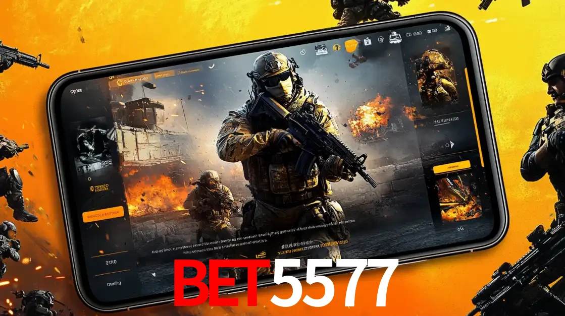 Um smartphone exibindo a interface de um jogo de tiro em primeira pessoa, com um soldado em um cenário de batalha, representando a ação dos e-sports para apostar no BET5577.