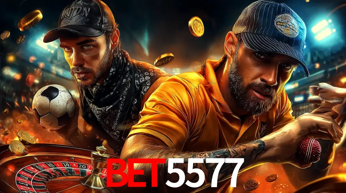 Montagem de apostas esportivas e cassino no BET5577, com um homem segurando uma bola de futebol e outro uma de beisebol sobre uma roleta e moedas voadoras.