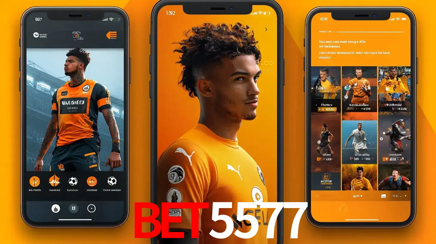 Interface do aplicativo de apostas esportivas BET5577 em três telas de celular, mostrando o perfil de um jogador de futebol e a lista de jogos disponíveis para apostar.