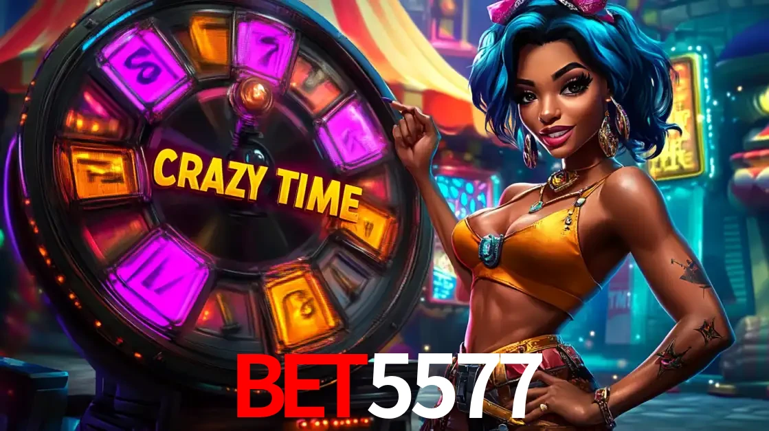 Mulher estilizada com cabelo azul e visual vibrante posando ao lado da roda de prêmios do game show Crazy Time, convidando para a diversão e os bônus do cassino BET5577.