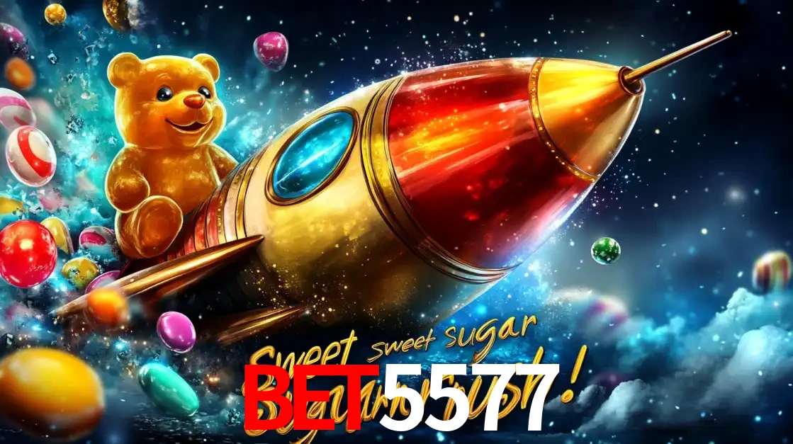 Arte promocional do jogo de slot Sugar Rush, com um urso de pelúcia em um foguete viajando pelo espaço de doces, um dos jogos divertidos disponíveis no cassino BET5577.