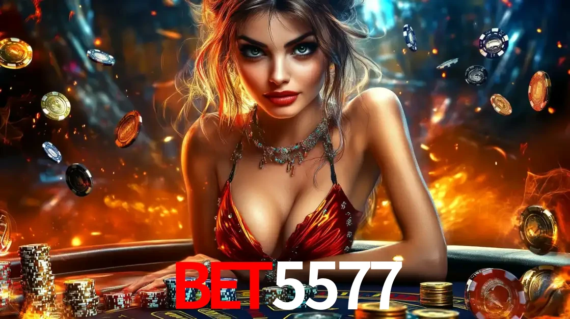 Mulher em uma mesa de cassino com pilhas de fichas e um fundo de fogo, pronta para uma rodada de altas apostas nos jogos de mesa emocionantes do cassino BET5577.