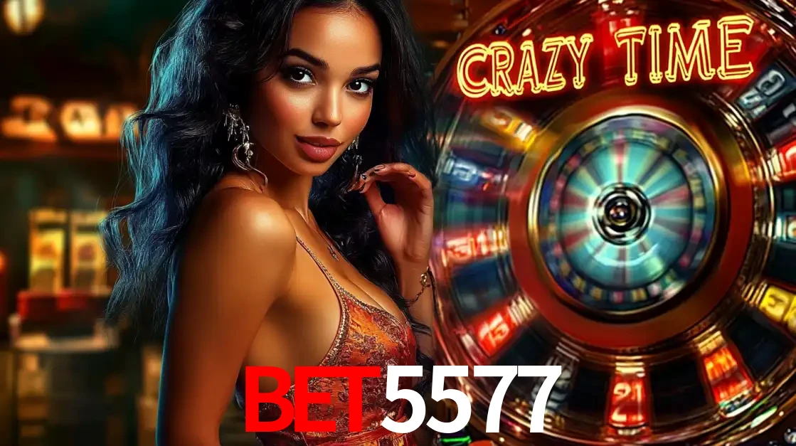 Mulher elegante ao lado da vibrante roda da fortuna do jogo de cassino ao vivo Crazy Time, um dos game shows mais populares e cheios de prêmios do BET5577.