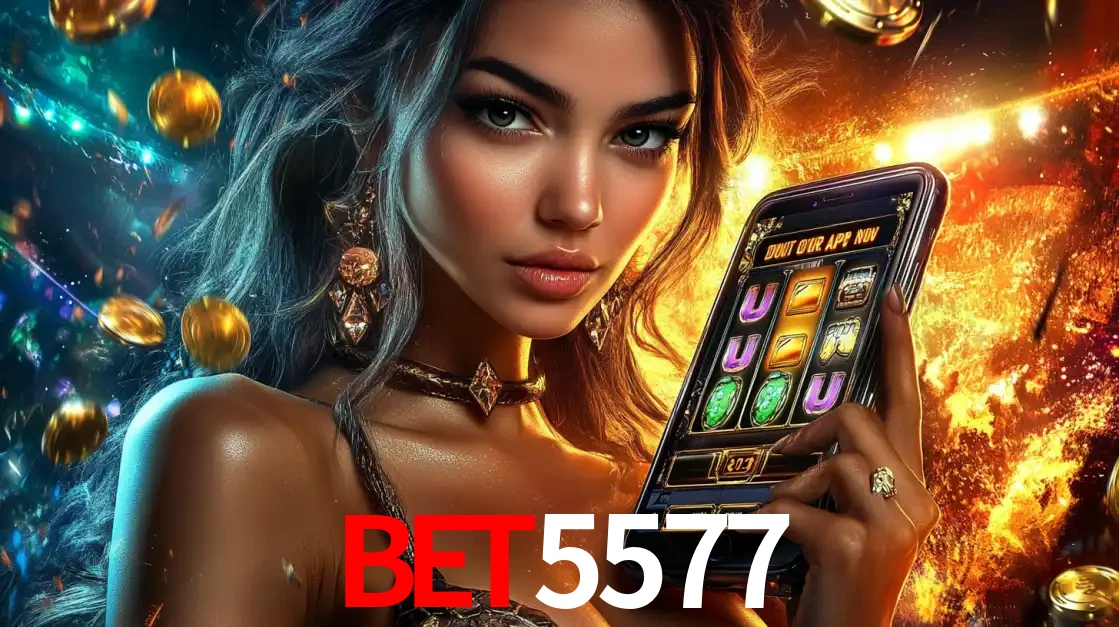 Mulher elegante mostrando um jogo de caça-níqueis em seu smartphone, destacando a experiência de cassino móvel oferecida pelo aplicativo BET5577.