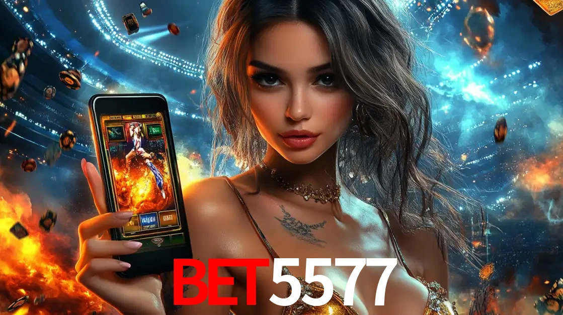 Mulher segurando um celular com um jogo de slot em destaque, tendo como fundo um estádio vibrante, simbolizando a emoção de jogar no cassino móvel BET5577.
