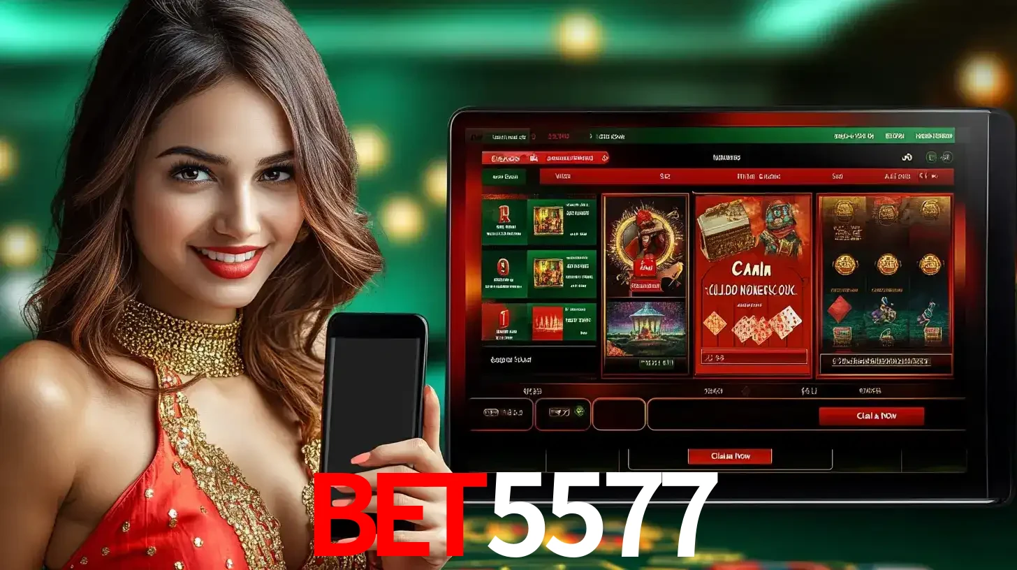 Mulher sorridente segurando um smartphone, ao lado de uma tela exibindo o lobby de jogos do cassino online BET5577, com várias opções de jogos de cartas e slots.